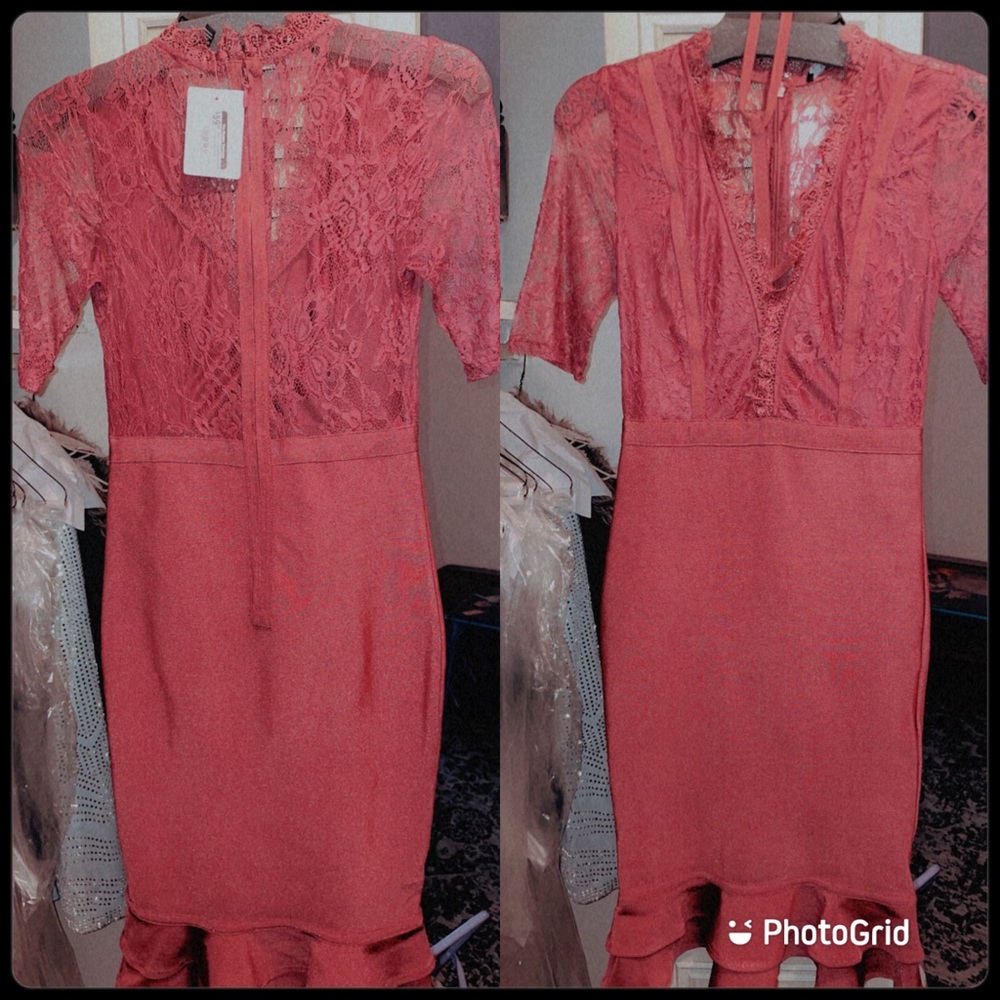 Short lace sleeve Peplum dress rose (Small)